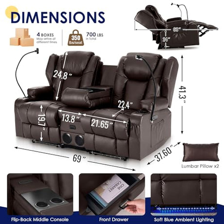 Redlife Power Loveseat Recliner Sofa with Console, PU Leather Dual Reclining Couch with Blue LED Lights, Bluetooth Speakers, USB Ports, Phone Holders, Home Theater & RV Recliner (Brown) Redlifeᅟᅠ