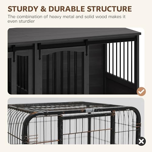 Homiflex 70.86" Double Dog Crate Furniture for 2 Medium Large Dogs Wooden Heavy Duty Dog Kennel Furniture with 2 Sliding Doors and Divider Decorative Dog Cage TV Stand End Table for Indoor Drak Grey Homiflex