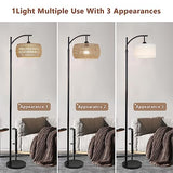 Arc Floor Lamp with Remote Control, Dimmable LED Floor Lamp with 3 Color Temperature, Black Standing Lamp with Rattan & Fabric Double Drum Shade, Boho Farmhouse Tall Pole Lamp for Living Room Bedroom eyassi