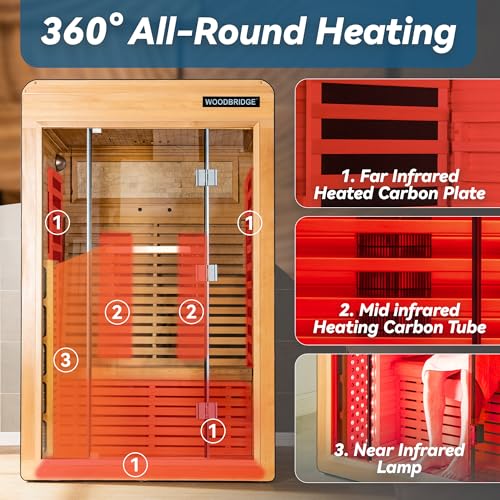 Woodbridge Infrared Home Sauna Room 2 Person Hemlock Wooden Indoor Sauna,7 Carbon 2230W/120V Heaters,with Led Color Therapy Light,Bluetooth Speaker,Tempered Glass,Touch-Tone Keypad and A Top Vent WOODBRIDGE