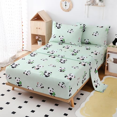 Yibeizi Twin Sheets Set Kids, Sage Green Panda Pattern Microfiber Single Bed Sheets, Cute Soft Oeko-Tex Extra Deep Pocket Sheets & Pillowcases Cooling Hypoallergenic Wrinkle Free Bedsheets Yibeizi