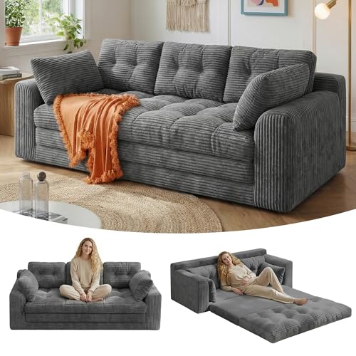 Homkdom Convertible Folding Sofa Bed, 2 in 1 Pull Out Loveseat Sleeper Sofa, Corduroy Futon Couch with Pillows, Tri-Fold Couch for Small Space Living Room Lounge, Space-Saving, Portable, Grey Homkdom