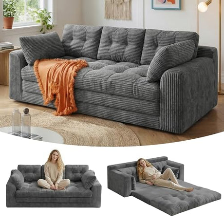 Homkdom Convertible Folding Sofa Bed, 2 in 1 Pull Out Loveseat Sleeper Sofa, Corduroy Futon Couch with Pillows, Tri-Fold Couch for Small Space Living Room Lounge, Space-Saving, Portable, Grey Homkdom