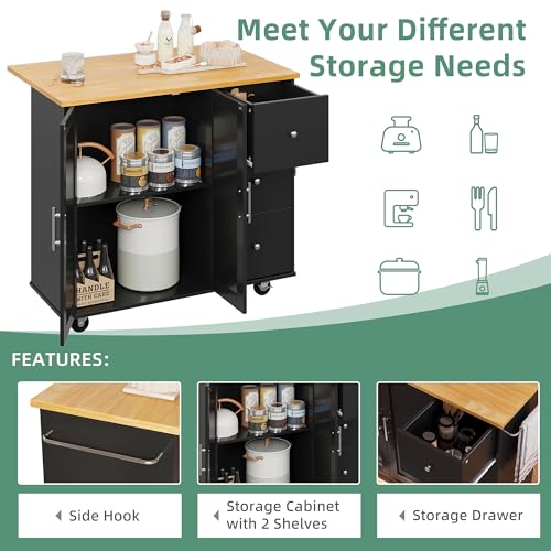 Shintenchi Rolling Kitchen Island Cart with Folding Drop Leaf Breakfast Bar, Portable Trolley Island with Large Storage Cabinet, Shelf and Drawer, Black Shintenchi
