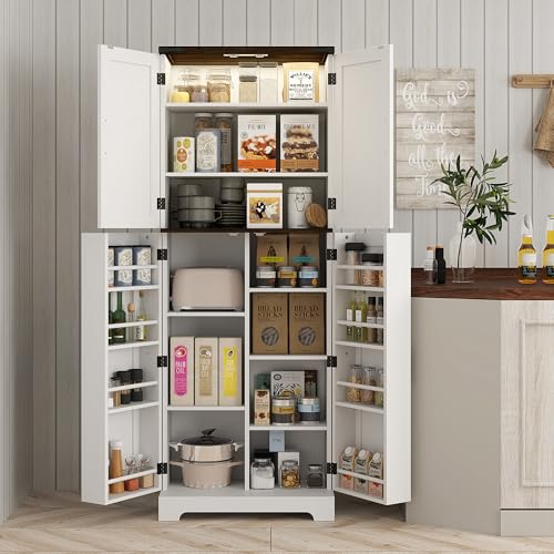 HOMCOM 64" Kitchen Pantry Cabinet with LED Motion Sensor Light, Farmhouse Tall Storage Cabinet with Adjustable Shelves, Cupboard for Living Room, Dining Room, White HOMCOM