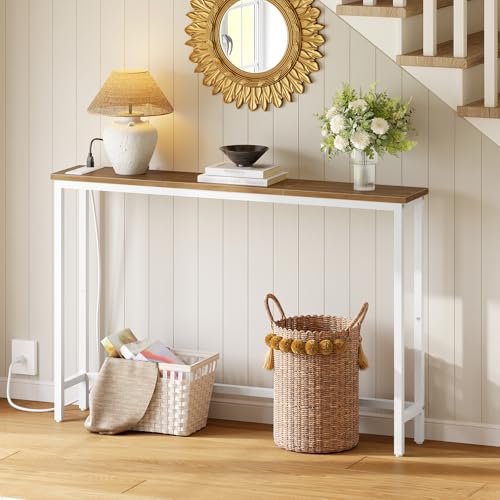 HOOBRO Narrow Console Table with Power Outlets, 44.9 Inches Sofa Table, Slim Behind Couch Table, Entryway Table with Display Shelf, for Living Room, Foyer, Hallway, Walnut and White WH114UXG01 HOOBRO