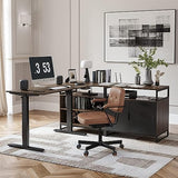 FEZIBO 66 Inch L Shaped Standing Desk with Drawers & Shelves, Executive Table Adjustable Height, Black Walnut Top/Black Frame FEZIBO