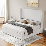 Jocisland Queen Size Bed Frame Lift Up Storage Bed Linen Upholstered Bed Frame with Hydraulic Storage/Wingback Headboard/No Box Spring Needed/White Jocisland