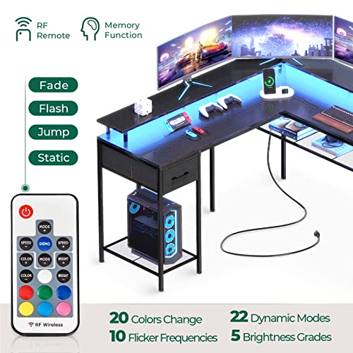 Huuger L Shaped Gaming Desk with LED Lights, Power Outlets & Storage Shelves in Black - WoodArtSupply