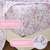 Mooreeke Cozy Vintage Microfiber Printed Queen Sheet Set - Soft Breathable Percale Cotton Floral Bed Sheets with Deep Pocket - Non-Slip Fitted Design - Pink Purple Flowers Pattern Mooreeke