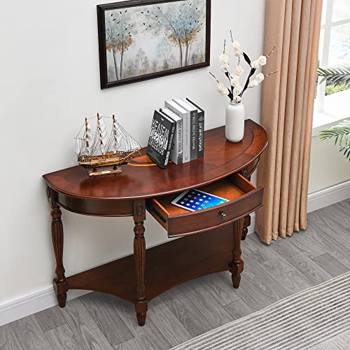 Solid Wood Semi-Circle Sofa Table with Drawer, 45.3" Traditional Living Room Console Table with Open Bottom Shelf 2-Tier Vintage Elliptical Entry Table for Home Office,Cherry Walnut SFZ1533 PADMA HOUSE