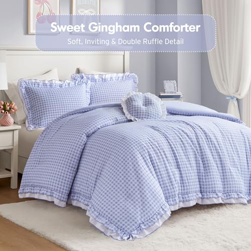 Intelligent Design Rowena Full Comforter Set – Blue Gingham Ruffled Bedding, Vintage Farmhouse Style, Reversible All Season 4-Piece Bedding Set, Full/Queen, Gift for Her Intelligent Design
