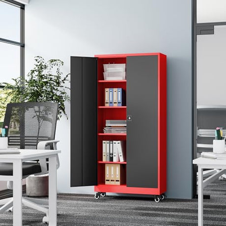 Fesbos Metal Rolling Storage Cabinet-74.6” Tall Steel File Cabinets with Wheels Lockable Doors and Adjustable Shelves-Black & Red Steel Storage Cabinet for Home, School, Office, Garage Fesbos