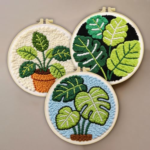 JOZYSH Green Plants of Various Shapes Punch Needle Kits for Beginner, DIY Punch Needle Kit Adults Beginner Include 3 Pre-Printed Fabrics, Embroidery Hoop, Threads, Craft Gifts and Decorations