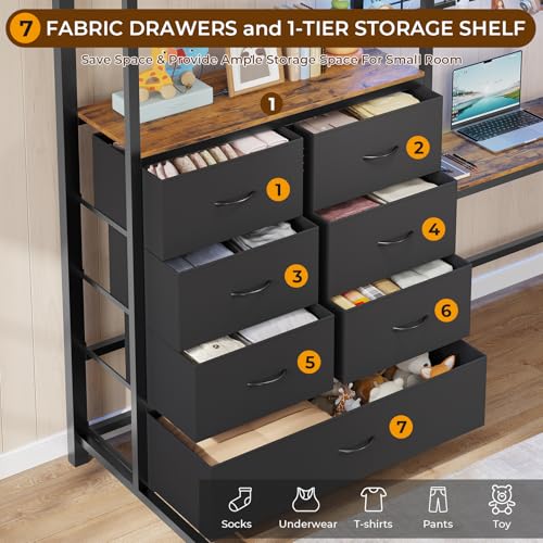 DICTAC Twin Loft Bed with L-Shaped Desk and 7 Storage Drawers,Metal Twin Size Loft Bed for Kids with LED Lights and Charging Station,13.11" H Safety Guardrail and Ladder,No Box Spring Needed, Black DICTAC