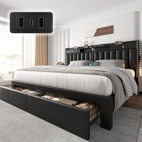 CypBed King Size Bed Frame with 2 Tier Storage Headboard, Upholstered King Bed Frame with 4-Storage Drawers, 3 USB & Type-C Charging Ports,Solid Wood Slats,No Box Spring Needed,Noise-Free, Black,Gift CypBed