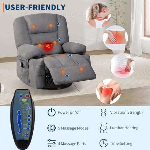 Massage Recliner Chair for Living Room, Chenille Rocker Recliner Chair for Adults with Vibration Massage and Heat, Adjustable Home Theater Seating for Living Room, Bedroom, 360° Swivel, Grey