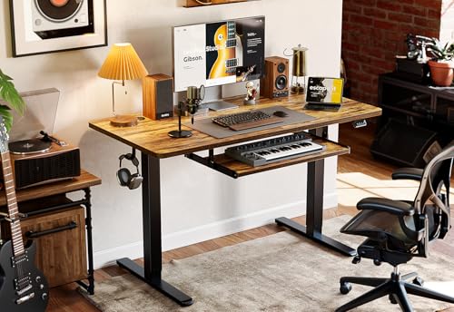 FEZIBO Standing Desk with Keyboard Tray, 48 x 24 Inch Adjustable Height Sit Stand Desk with Memory Presets for Home Office, Ergonomic Computer Workstation, Rustic Brown FEZIBO