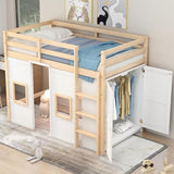 Merax Wood Loft Bed Twin Size with Storage Wardrobe, 2 Windows Design, for Teens, Boys & Girls, White Merax