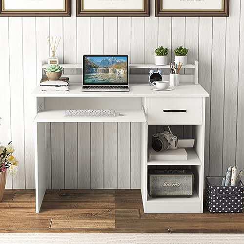 IFANNY Computer Desk with Drawers, Study Table with Storage Shelves, Keyboard Tray, Power Outlet, Wood Makeup Vanity Table, Small Desk for Bedroom, Study, Living Room, Home Office (White, 35.5''H) IFANNY