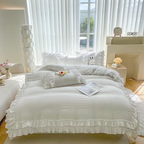 Shabby Chic 3 Pieces Bedding,Vintage Ruffled Full Duvet Cover Set with 2 Layers Ruffles,Soft Brushed Microfiber Set with Zipper Closure,Lightweight Duvet Cover Set-White,Full SOUKECHY