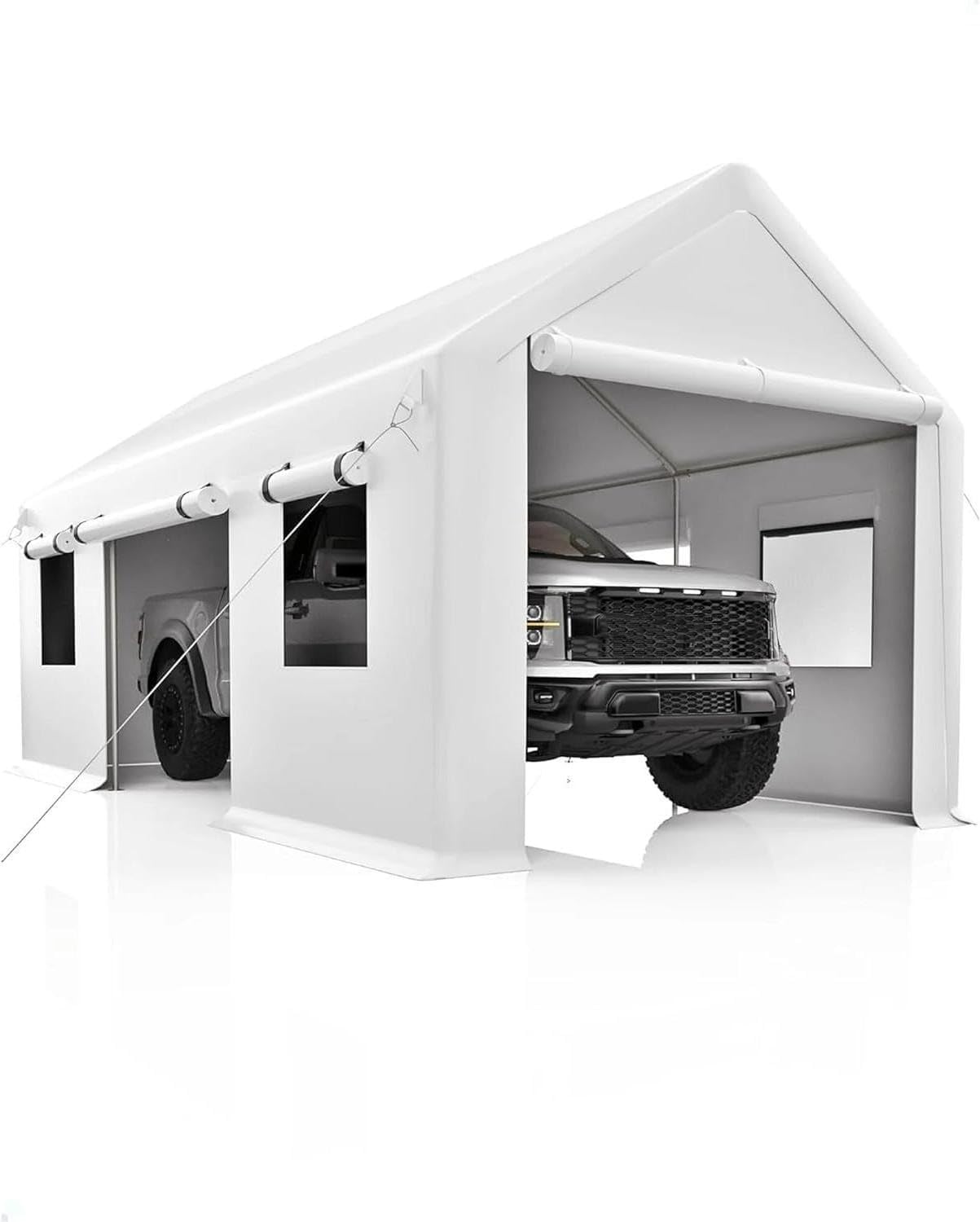 IDEALHOUSE 10x20ft Heavy Duty Carport with Roll-Up Windows - Portable Garage with Removable Sidewalls & Doors, All-Season Tarp Shelter for Cars, Trucks, Boats & Motorcycles (White) IDEALHOUSE