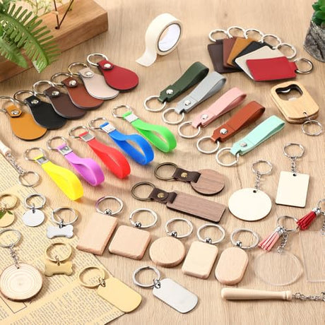 Tondiamo 122 Pcs Laser Engraving Blanks Keychains Bulk Laser Cutting Engraving Materials Accessories Including Wood, Stainless Steel, Acrylic, PU Leather, Silicone and Marking Paper Tape for Laser Tondiamo