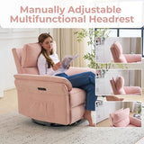 Rhevoy Oversized Power Recliner Chair Swivel Glider with Massage and Heat, Rocker Nursery Recliner for Adults with Adjustable Headrest, 26" Extra Wide Nursery Chair with Overstuffed Armrest,Pink