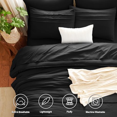 CozyLux Queen Comforter Set Black, 7 Pieces Soft Pinch Pleat Bed in a Bag Queen Comforter Set with Sheets, Boho Bed Set with Down Alternative Comforter, Sheets, Pillowcases & Shams CozyLux