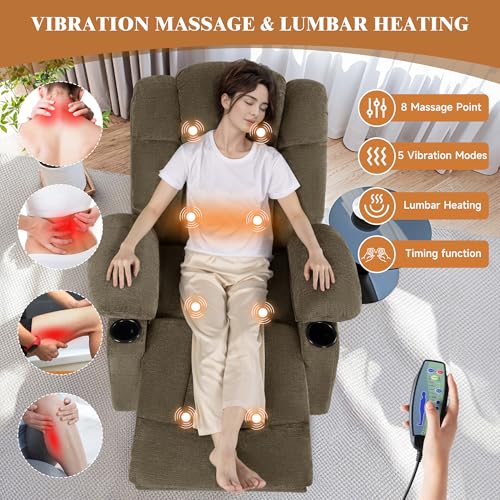Vawobl Swivel Rocker Recliner Chair for Adults – Manual Glider Sofa with Massage, Heat & Vibration, 360° Rocking for Living Room or Nursery (Light Brown, 30"x30"x40")