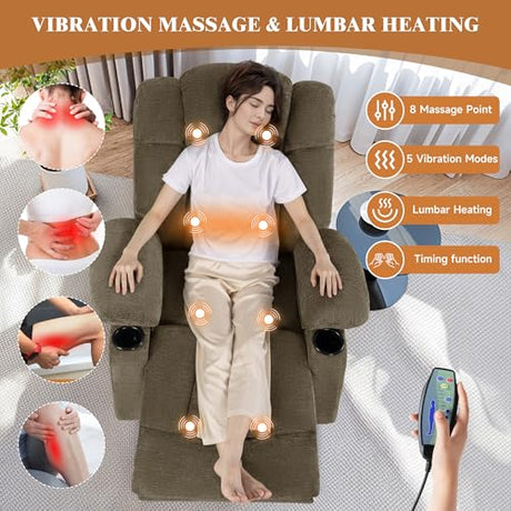 Vawobl Swivel Rocker Recliner Chair for Adults – Manual Glider Sofa with Massage, Heat & Vibration, 360° Rocking for Living Room or Nursery (Light Brown, 30"x30"x40") Vawobl