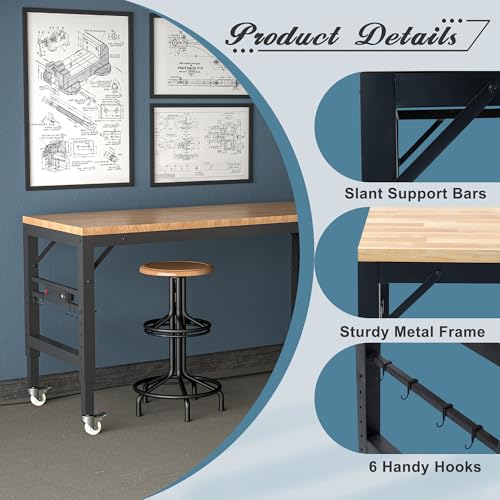 Jaxilyn Workbench 60x24 Inch Height Adjustable Work Bench Table with Power Outlet,Wheels Heavy Duty 2000 LBS Load Capacity Hardwood Workbench Suitable for Workshop, Office, Garage, Home - WoodArtSupply