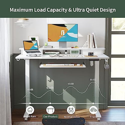 FEZIBO Standing Desk with Drawers, Adjustable Height Desk with Keyboard Tray, Stand Up Desk with Storage Shelf, 55 x 24 Inchs, White Top - WoodArtSupply