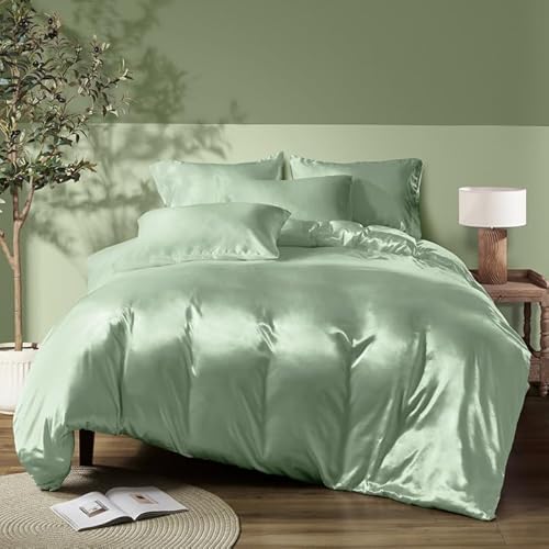 INVGEEXI 5 Pieces Satin Sage Green Duvet Cover Full/Queen Size, Luxury Silky Satin Duvet Cover Ultra Soft Comforter Cover Queen Bedding Set, 1 Duvet Cover + 4 Pillow Cases INVGEEXI