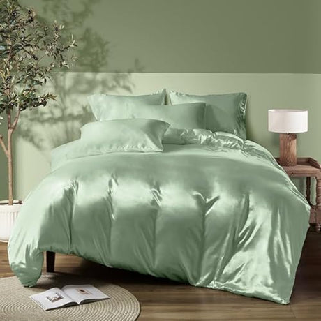 INVGEEXI 5 Pieces Satin Sage Green Duvet Cover Full/Queen Size, Luxury Silky Satin Duvet Cover Ultra Soft Comforter Cover Queen Bedding Set, 1 Duvet Cover + 4 Pillow Cases INVGEEXI