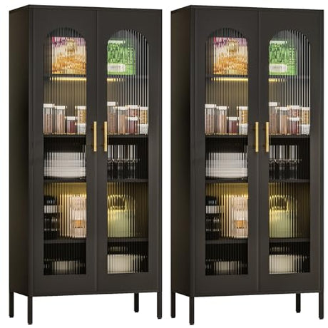 ZONLESON Storage Cabinet,71" Kitchen Pantry Cabinet with Glass Doors,Tall Display Curio Cabinet with Doors and Shelves,Black Cabinet for Dining Room,Pantry,Kitchen,Living Room,Metal Cabinet ZONLESON