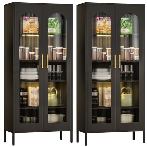 ZONLESON Storage Cabinet,71" Kitchen Pantry Cabinet with Glass Doors,Tall Display Curio Cabinet with Doors and Shelves,Black Cabinet for Dining Room,Pantry,Kitchen,Living Room,Metal Cabinet