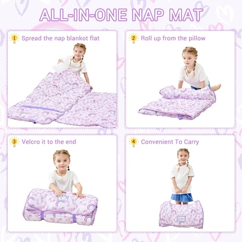 Lasoftan Toddler Nap Mat with Pillow and Blanket, Extra Large Rolled Napping Mats,Toddler Nap mats for Boys Girls, Kids Sleeping Mat for Daycare, Preschool Travel Camping, Rainbow lasoftan