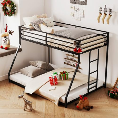 Kiivakii Twin Over Full Bunk Bed, Metal Bunkbed with Side Ladder, Low Profile, Full Length Upper Bed, Sturdy Metal Frame Support, No Box Spring Needed, Noiseless, Black Kiivakii