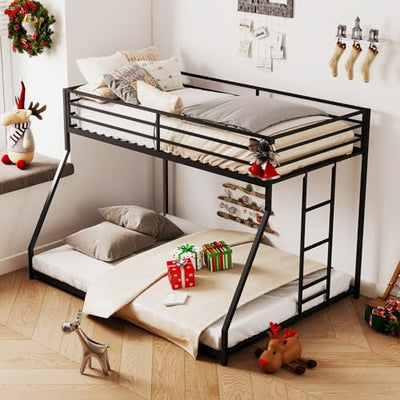 Kiivakii Twin Over Full Bunk Bed, Metal Bunkbed with Side Ladder, Low Profile, Full Length Upper Bed, Sturdy Metal Frame Support, No Box Spring Needed, Noiseless, Black