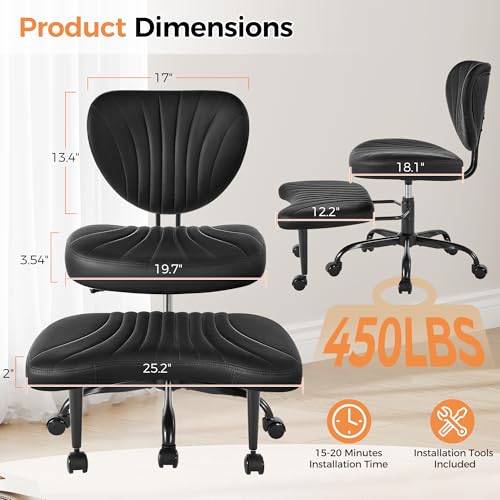 Cross Legged Office Chair, Ergonomic Criss Cross Chair with Wheels, 360° Swivel Height-Adjustable Meditation Chair for Yoga & ADHD, Wide Kneeling Chair with Strong Lumbar Support (Black) BPY01B BEWISHOME