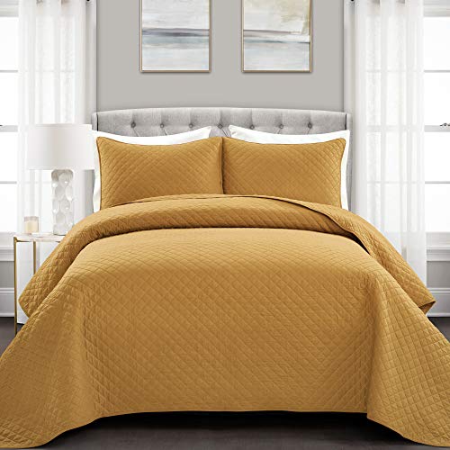 Lush Decor Ava Quilt Diamond Pattern Solid 3 Piece Oversized Bedding Blanket Bedspread Set - Full/Queen - Mustard Lush Decor