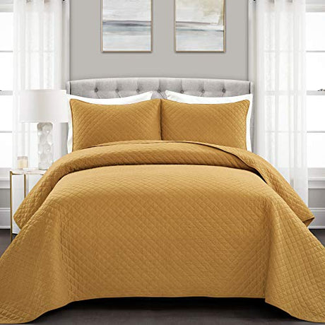 Lush Decor Ava Quilt Diamond Pattern Solid 3 Piece Oversized Bedding Blanket Bedspread Set - Full/Queen - Mustard Lush Decor