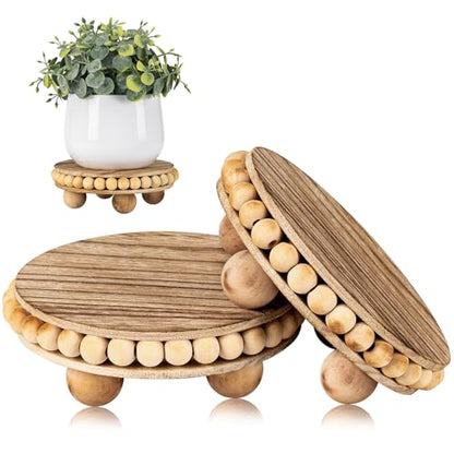 HouseJoy 2Pcs Wood Risers for Display Decorative,Round Beaded Riser Distressed for Decor ,Wooden Farmhouse Coasters Mini Cake Stand Plant Stand,Rustic Pedestal Stand Decor Display Risers for  - WoodArtSupply