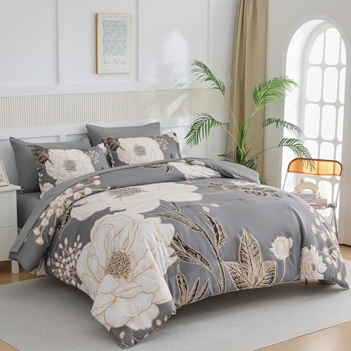 Luxudecor Floral King Comforter Set 7 Pieces Bed in a Bag, White Flower Print on Grey Bedding Set, Soft Reversible Comforter with Sheet Set 104"x90" Luxudecor