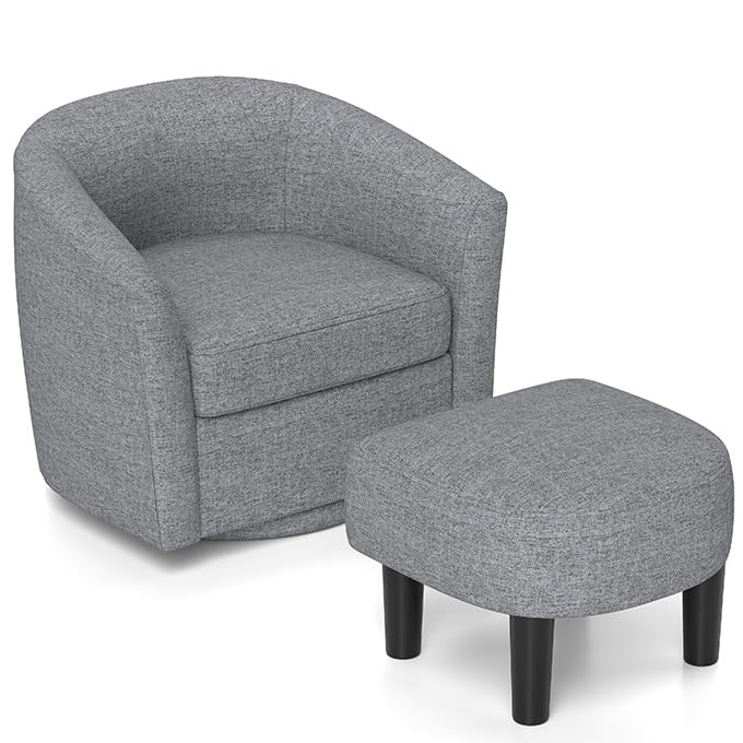 KOMFOTT Swivel Barrel Chair with Ottoman, Upholstered Armchair with Footrest, Removable Seat Cushion, Linen Fabric Club Reading Sofa Chairs, Modern Accent Chair for Living Room, Bedroom, Grey KOMFOTT