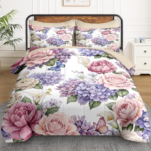 WeCozy 5 Pcs Twin Size Comforter Set with Pillowcase & Sham, Floral Flower Peony Bedding for Kids and Adults, Botanical Painting Hydrangea Bed in a Bag with Flat Fitted Sheet WeCozy