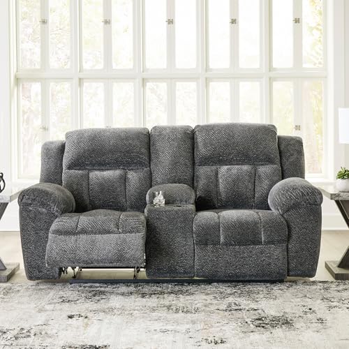 Signature Design by Ashley Frohn Contemporary Manual Reclining Loveseat with Console with Console, Storage and Cup Holders, Gray Signature Design by Ashley