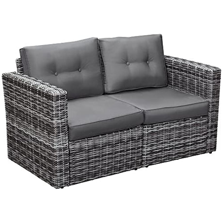 Outsunny 2 Piece Patio Wicker Corner Sofa Set, Outdoor PE Rattan Furniture, with Curved Armrests and Padded Cushions for Balcony, Garden, or Lawn, Lawn, Grey Outsunny