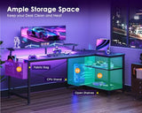 ODK 58 Inch Gaming Desk with USB Charging Ports and LED Lights, Reversible L Shaped Computer Desk with Storage Shelves & Monitor Stand, Corner Gamer Desk Table with Power Outlets, Black ODK